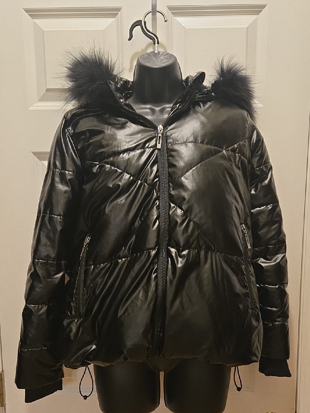 PURPLE Brand Puffer Coat XS Black Ribbed Genuine Down Faux Fur Hood Grandeur